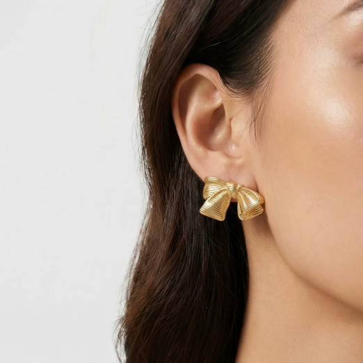 Gold-Plated Bow Stud Earrings — Sculpted Brass Fashion Statement