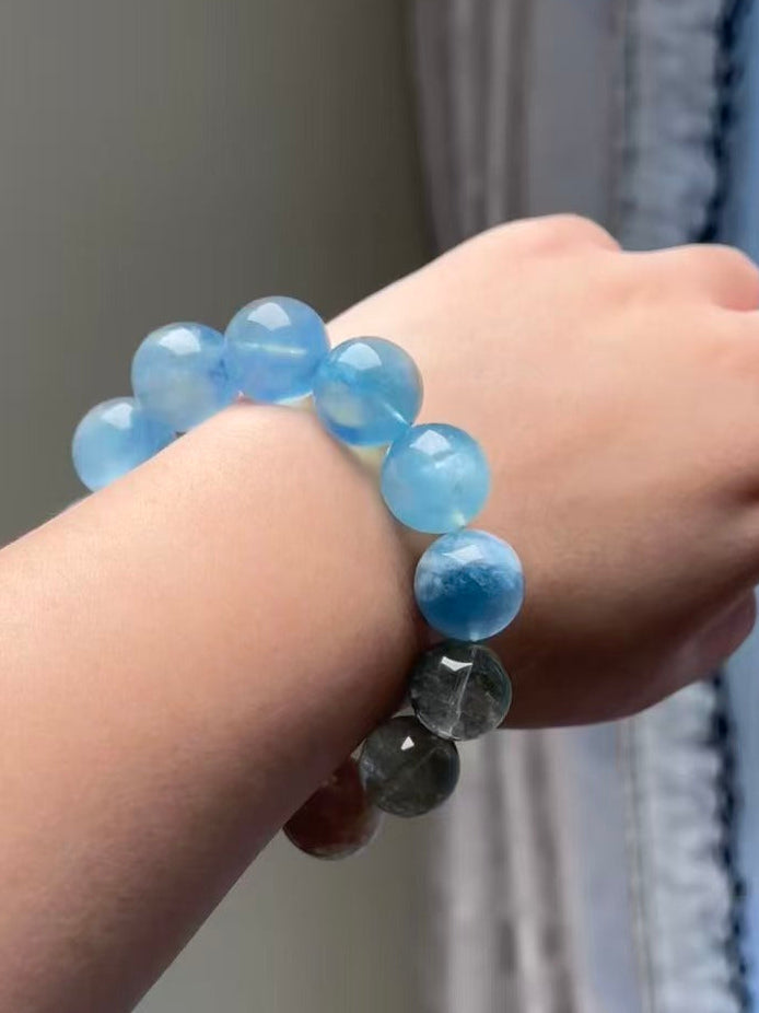 Handmade Aquamarine & Sakura Agate Bracelet - Green Phantom & Pink Snowflake Quartz - Island Wealth Collection