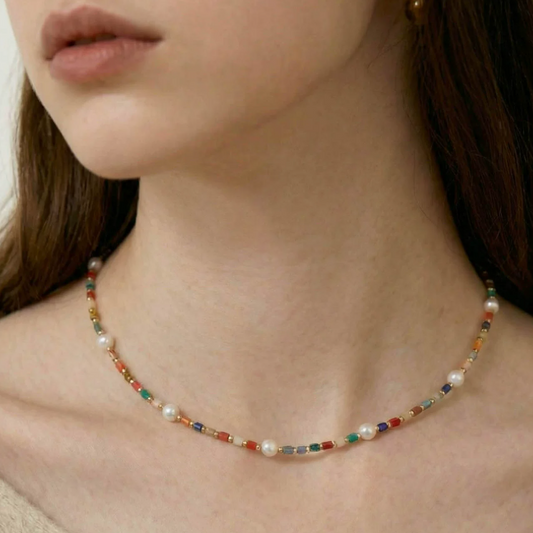Vibrant Pearl & Colorful Bead Choker - Gold Plated Copper | Light Luxury Necklet