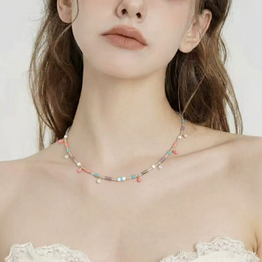 Vibrant Pearl & Colorful Bead Choker - Gold Plated Copper | Light Luxury Necklet