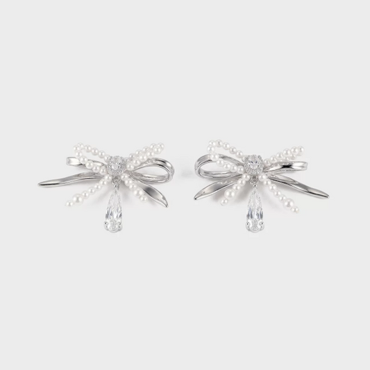 Feminine Bowknot Pearl & Crystal Earrings - Platinum Plated Copper | Light Luxury