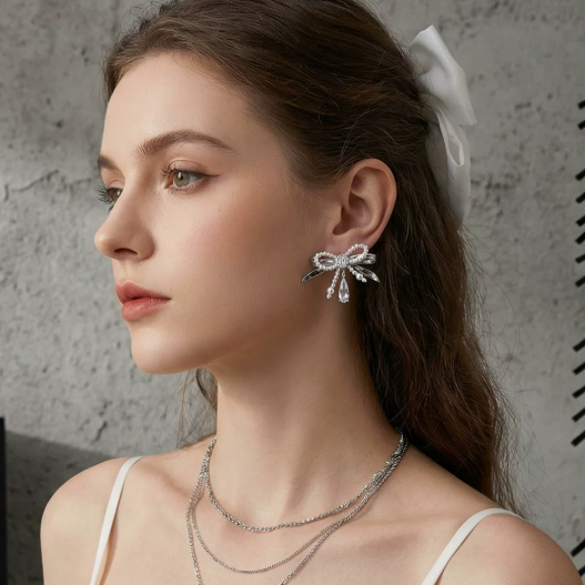 Feminine Bowknot Pearl & Crystal Earrings - Platinum Plated Copper | Light Luxury