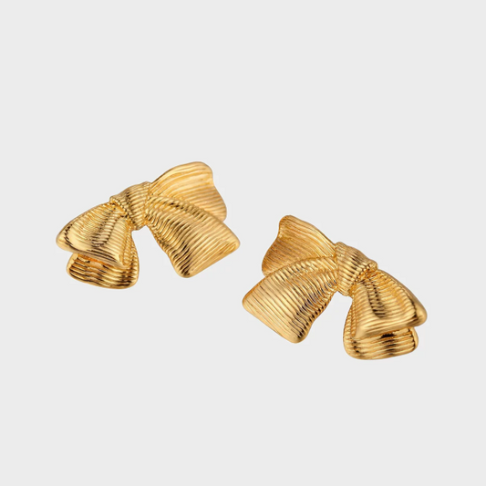 Gold-Plated Bow Stud Earrings — Sculpted Brass Fashion Statement