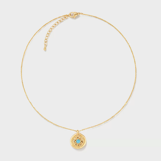 Dainty Turquoise Coin Medallion Necklace | Adjustable Gold Plated Choker | Minimalist Seal Pendant