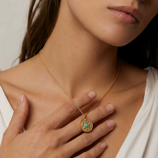 Dainty Turquoise Coin Medallion Necklace | Adjustable Gold Plated Choker | Minimalist Seal Pendant