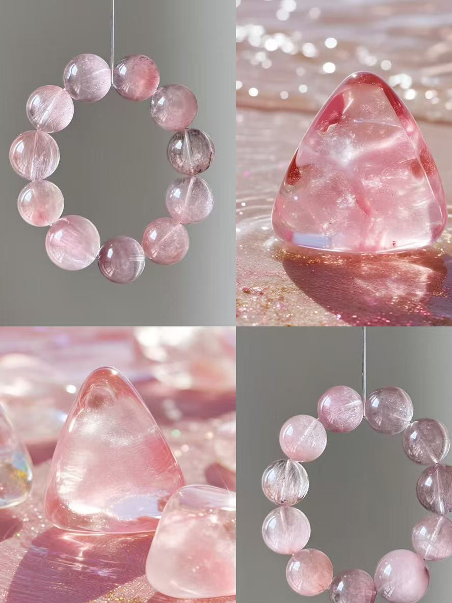 Handmade Pink Rabbit Fur Crystal Bracelet - Purple Rabbit Hair & Pink Phantom Rutilated Quartz - Gentle Power Collection
