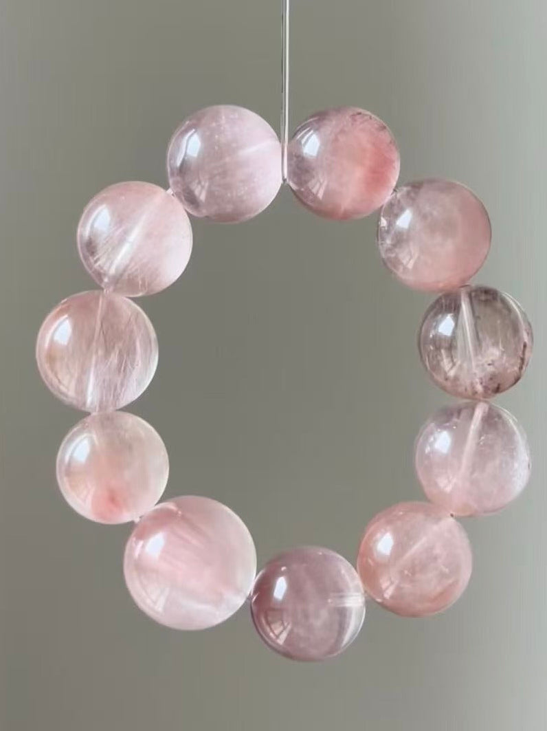 Handmade Pink Rabbit Fur Crystal Bracelet - Purple Rabbit Hair & Pink Phantom Rutilated Quartz - Gentle Power Collection