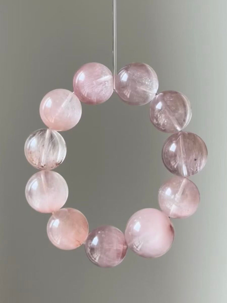 Handmade Pink Rabbit Fur Crystal Bracelet - Purple Rabbit Hair & Pink Phantom Rutilated Quartz - Gentle Power Collection
