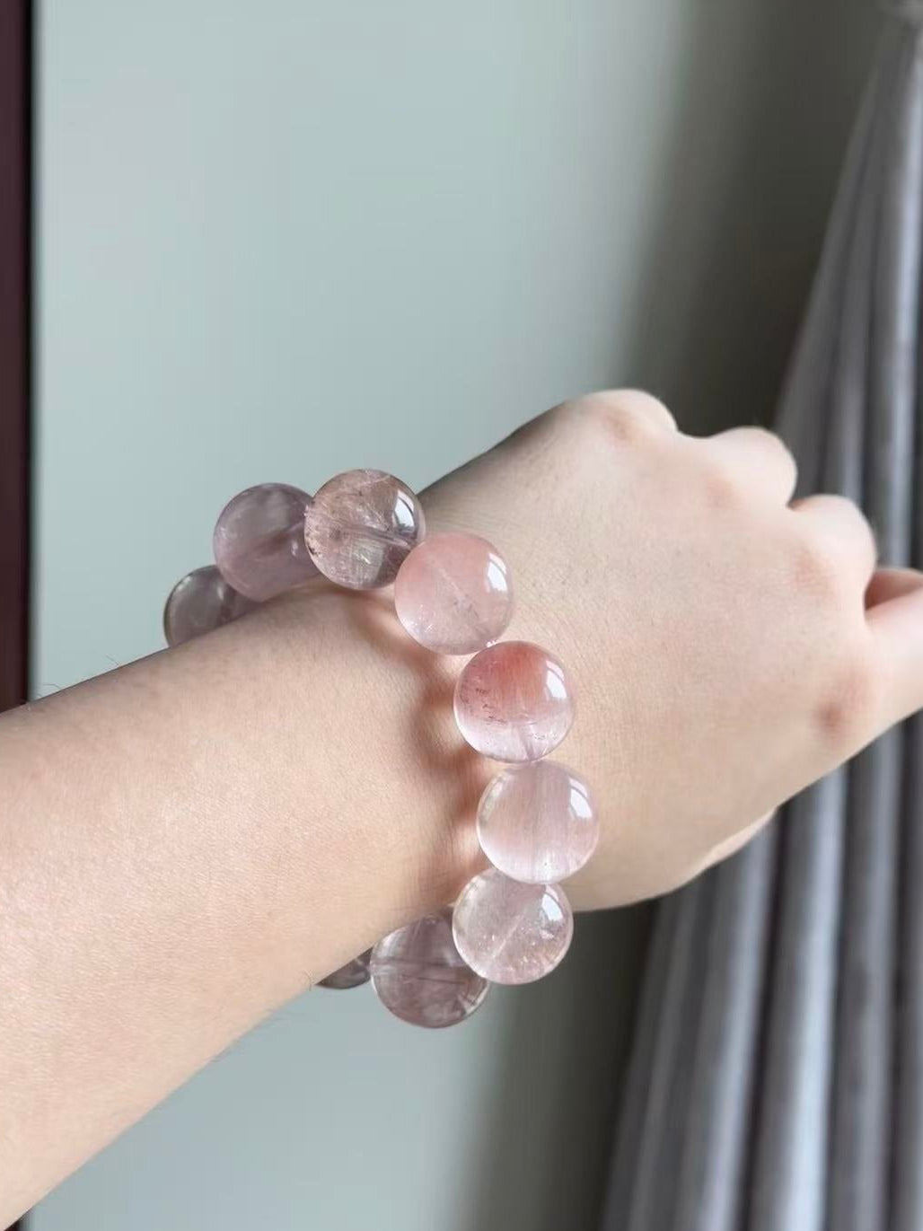 Handmade Pink Rabbit Fur Crystal Bracelet - Purple Rabbit Hair & Pink Phantom Rutilated Quartz - Gentle Power Collection