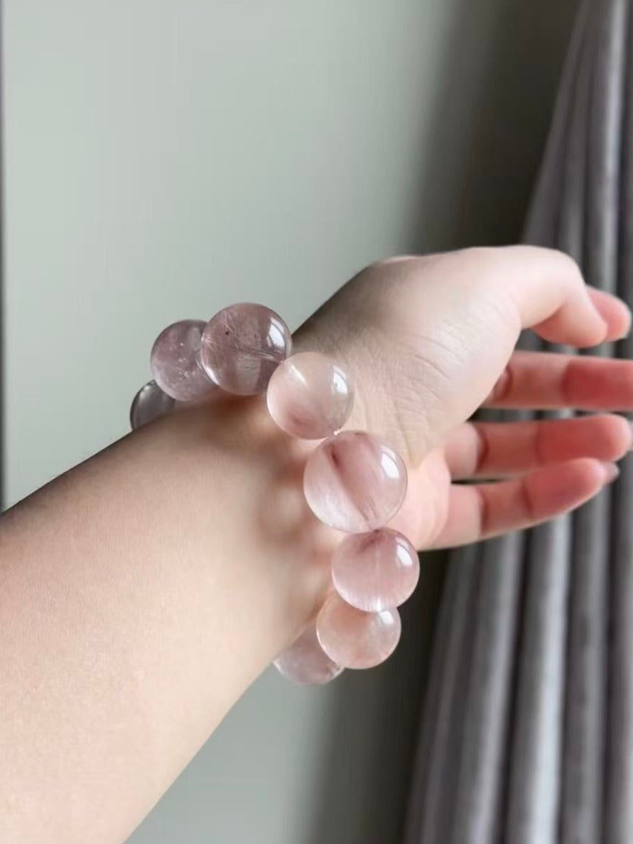 Handmade Pink Rabbit Fur Crystal Bracelet - Purple Rabbit Hair & Pink Phantom Rutilated Quartz - Gentle Power Collection