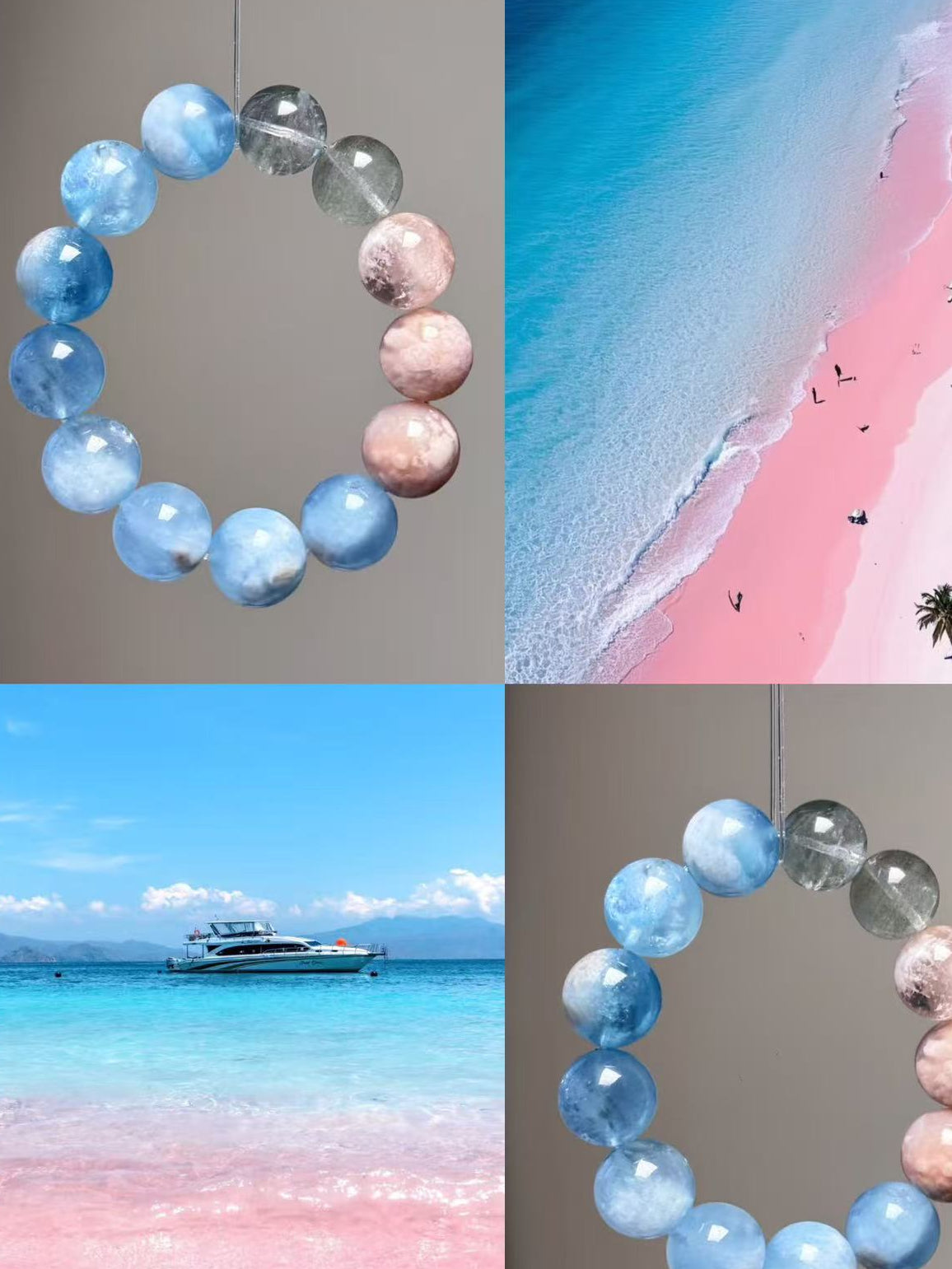 Handmade Aquamarine & Sakura Agate Bracelet - Green Phantom & Pink Snowflake Quartz - Island Wealth Collection
