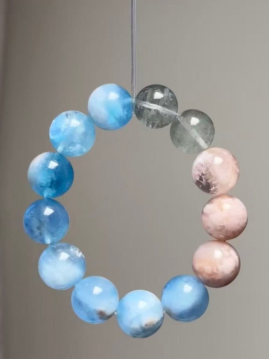 Handmade Aquamarine & Sakura Agate Bracelet - Green Phantom & Pink Snowflake Quartz - Island Wealth Collection