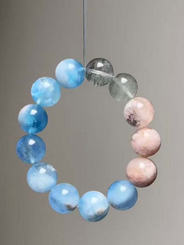 Handmade Aquamarine & Sakura Agate Bracelet - Green Phantom & Pink Snowflake Quartz - Island Wealth Collection