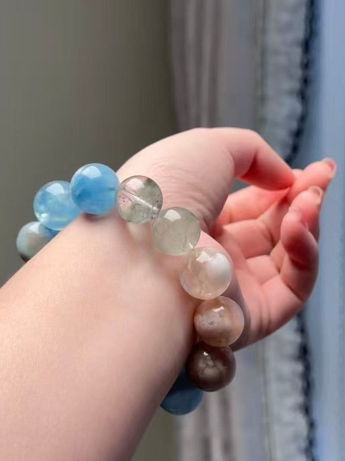 Handmade Aquamarine & Sakura Agate Bracelet - Green Phantom & Pink Snowflake Quartz - Island Wealth Collection