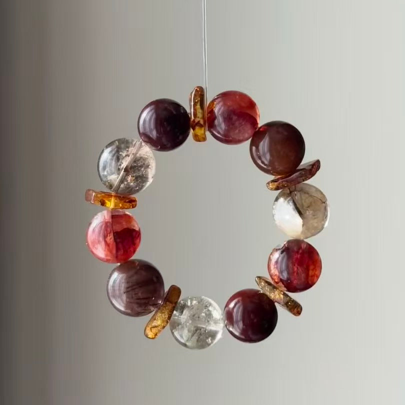 Handmade Red Hematoid Quartz Bracelet - Red Rabbit Fur & Flower Amber - New Year Prosperity Collection