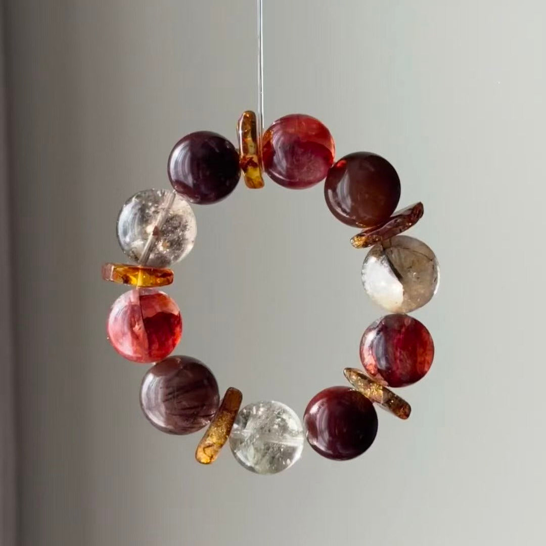 Handmade Red Hematoid Quartz Bracelet - Red Rabbit Fur & Flower Amber - New Year Prosperity Collection