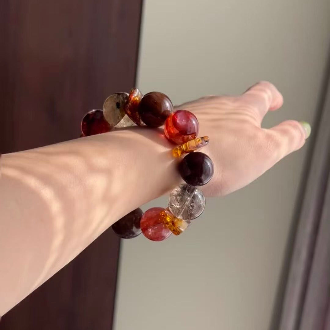 Handmade Red Hematoid Quartz Bracelet - Red Rabbit Fur & Flower Amber - New Year Prosperity Collection