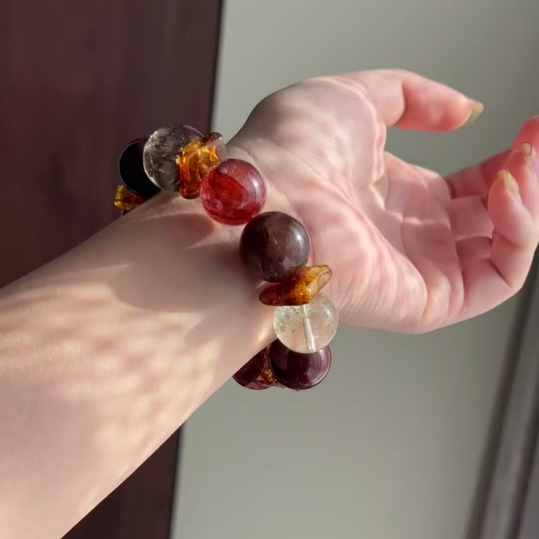 Handmade Red Hematoid Quartz Bracelet - Red Rabbit Fur & Flower Amber - New Year Prosperity Collection