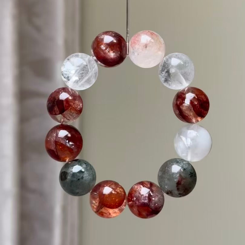 Handmade Red & Yellow Hematoid Quartz Bracelet - Rainbow White Phantom & Piggy Charms - New Year Prosperity Collection