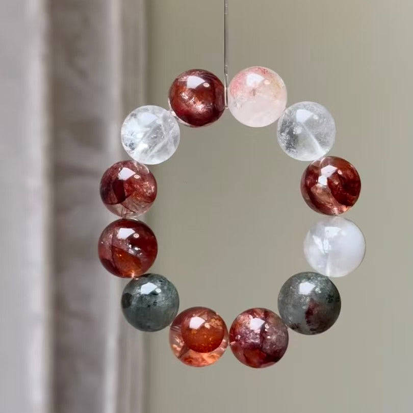 Handmade Red & Yellow Hematoid Quartz Bracelet - Rainbow White Phantom & Piggy Charms - New Year Prosperity Collection