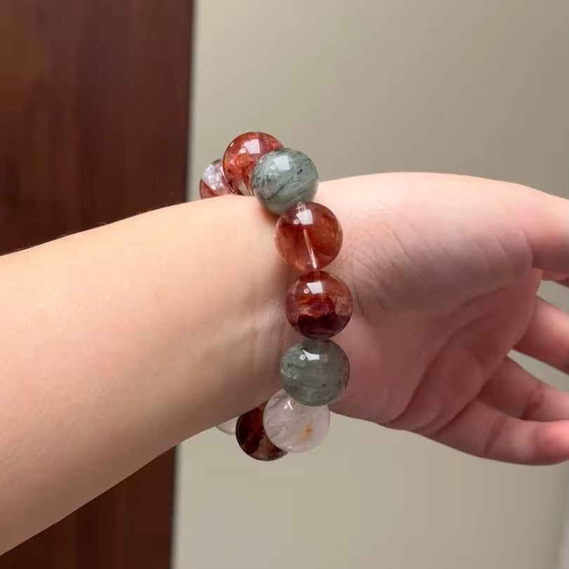 Handmade Red & Yellow Hematoid Quartz Bracelet - Rainbow White Phantom & Piggy Charms - New Year Prosperity Collection