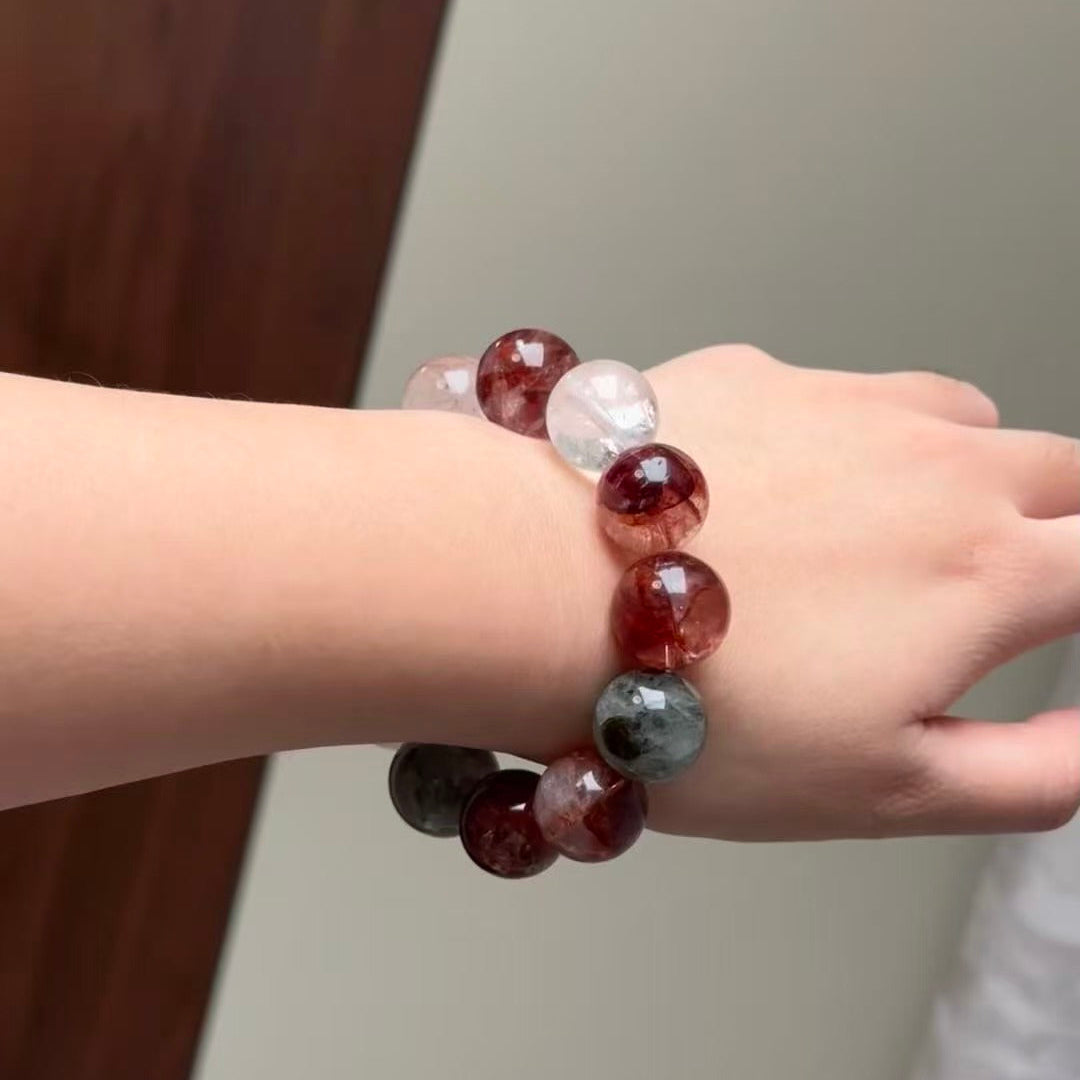 Handmade Red & Yellow Hematoid Quartz Bracelet - Rainbow White Phantom & Piggy Charms - New Year Prosperity Collection