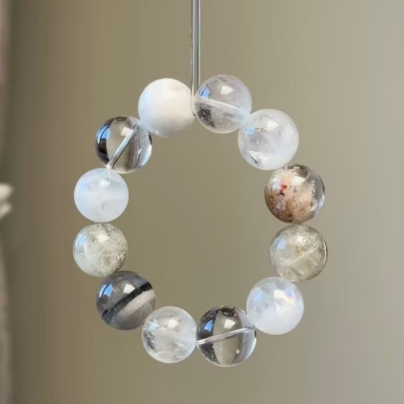 Handmade Snow Frost Rutilated Quartz Bracelet - Garden Phantom & Snowflake Quartz - Winter Warmth Collection