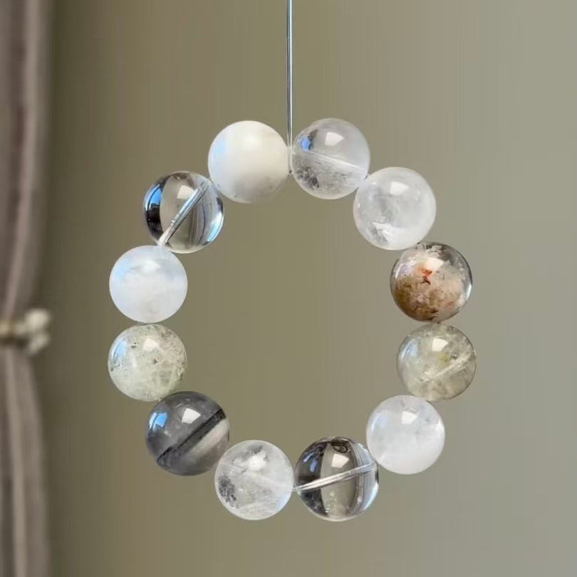 Handmade Snow Frost Rutilated Quartz Bracelet - Garden Phantom & Snowflake Quartz - Winter Warmth Collection