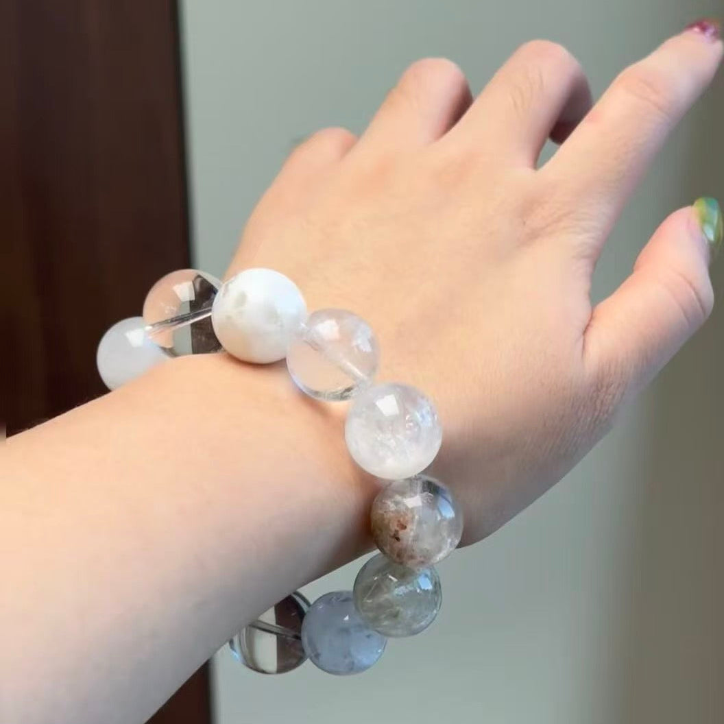 Handmade Snow Frost Rutilated Quartz Bracelet - Garden Phantom & Snowflake Quartz - Winter Warmth Collection