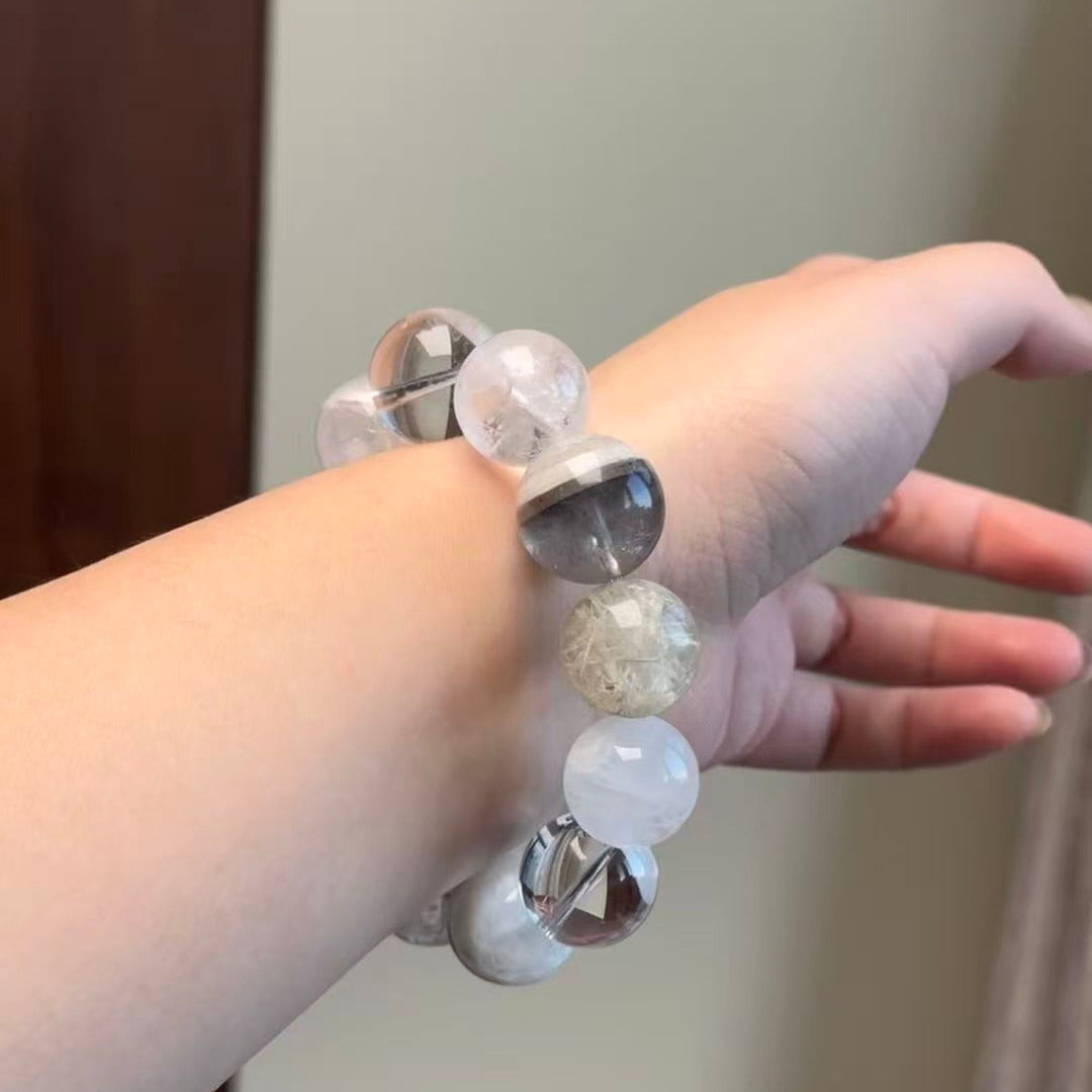 Handmade Snow Frost Rutilated Quartz Bracelet - Garden Phantom & Snowflake Quartz - Winter Warmth Collection