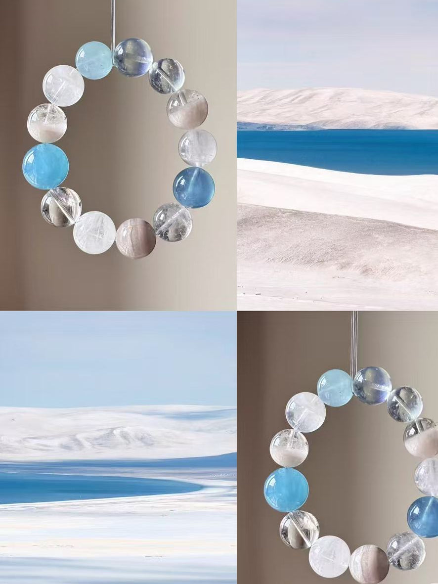 Handmade Aquamarine & White Phantom Bracelet - Snowflake & Thousand-Layer Quartz - Blue Healing Collection