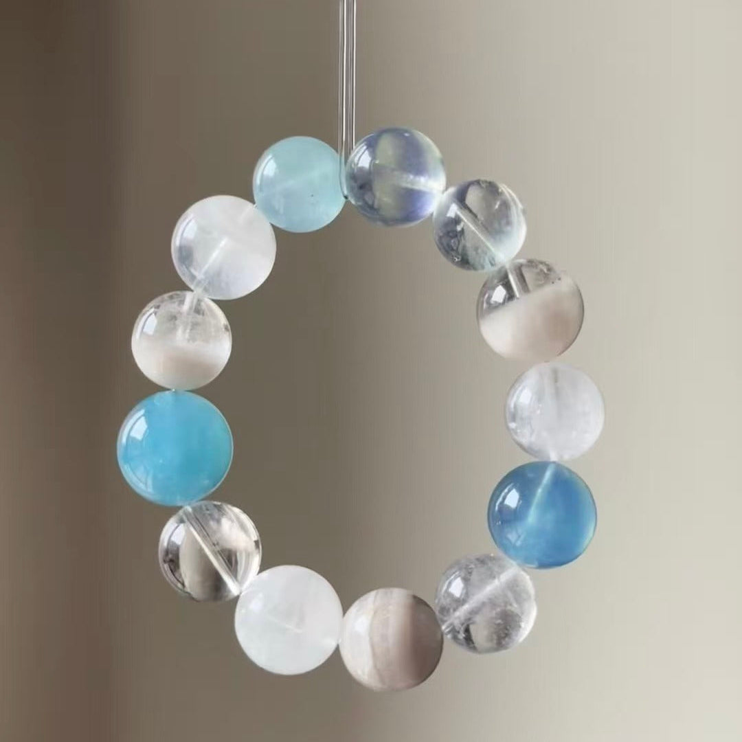 Handmade Aquamarine & White Phantom Bracelet - Snowflake & Thousand-Layer Quartz - Blue Healing Collection