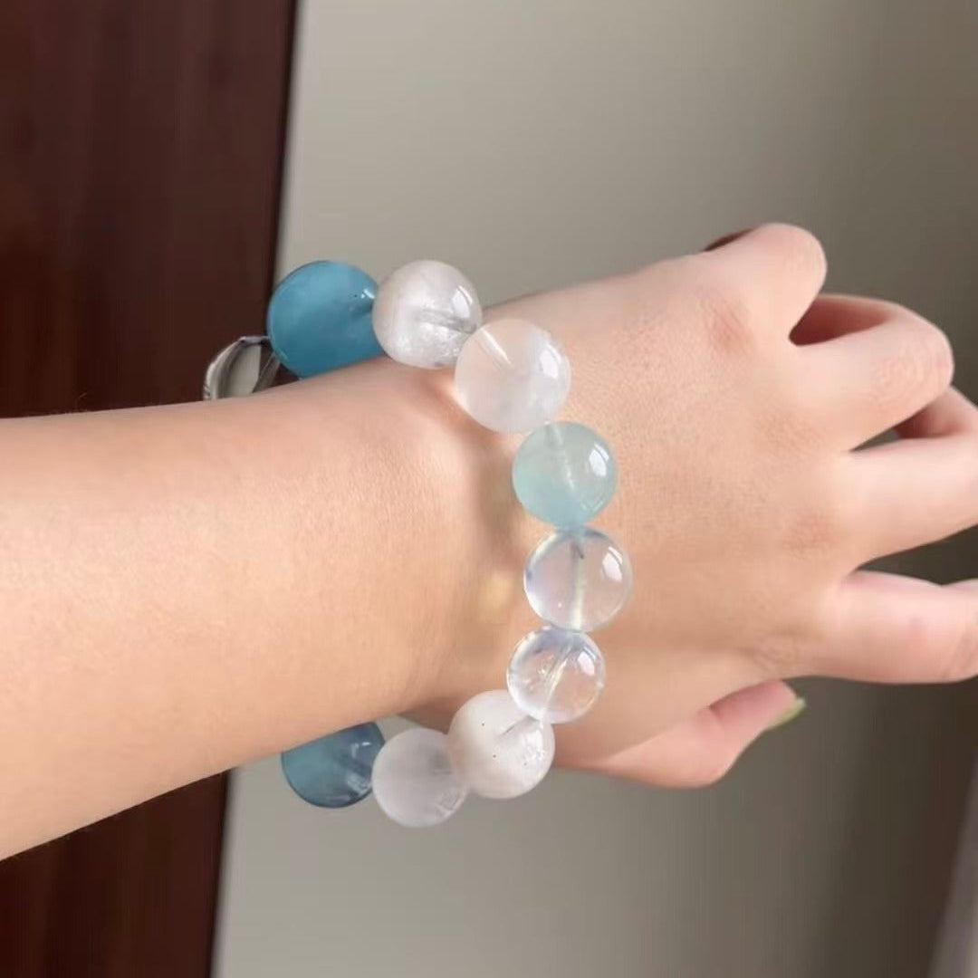 Handmade Aquamarine & White Phantom Bracelet - Snowflake & Thousand-Layer Quartz - Blue Healing Collection