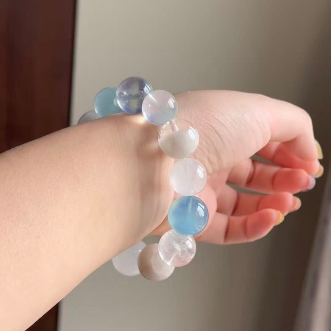 Handmade Aquamarine & White Phantom Bracelet - Snowflake & Thousand-Layer Quartz - Blue Healing Collection