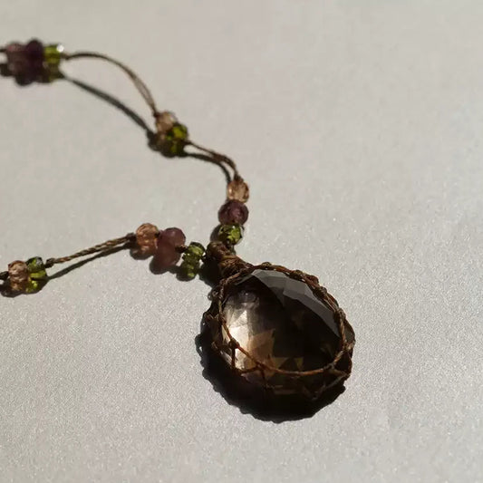 "Ethereal Vine" Smoky Quartz & Multi-Gemstone Macramé Necklace - Adjustable Length